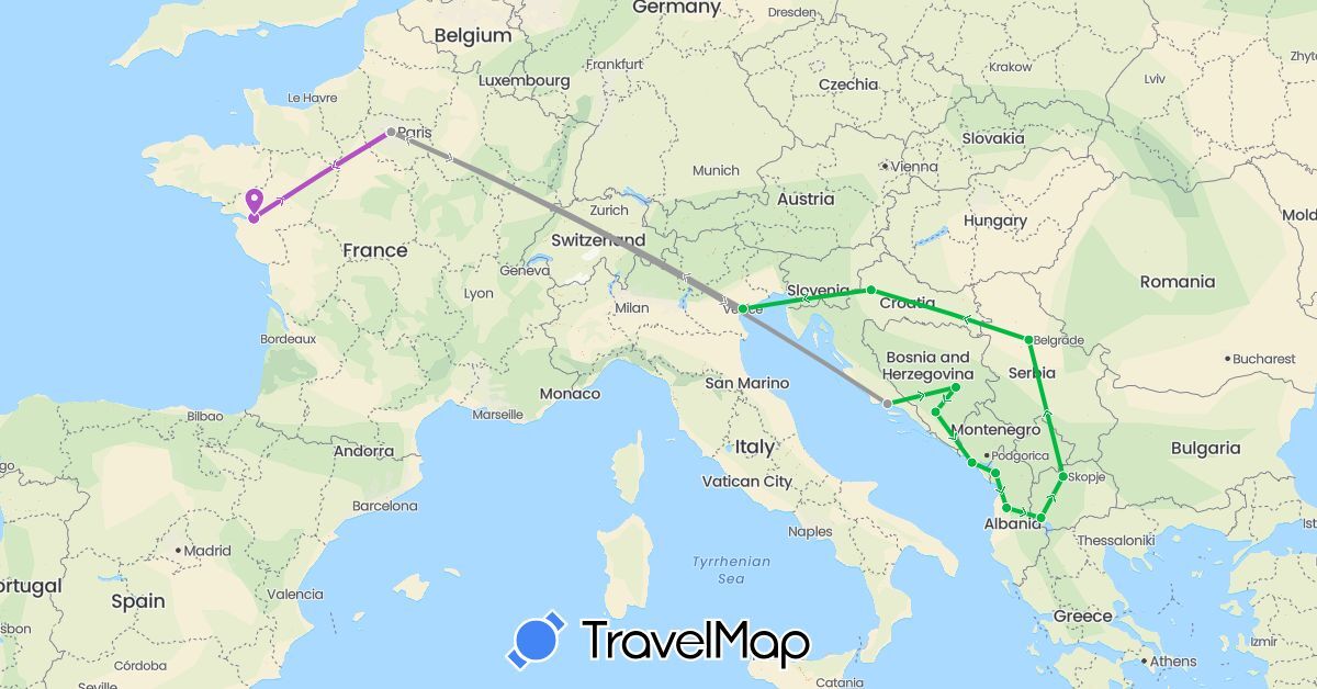 TravelMap itinerary: bus, plane, train in Albania, Bosnia and Herzegovina, France, Croatia, Italy, Montenegro, Macedonia, Serbia (Europe)